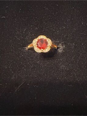 Gold Overlay Stainless Steel Floral Halo Ring with Red Burnt Orange Center Gem